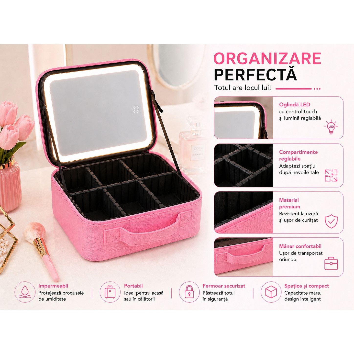 Geanta Cosmetica Profesionala cu Oglinda LED, Organizator Reglabil