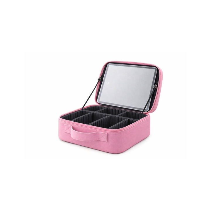 Geanta Cosmetica Profesionala cu Oglinda LED, Organizator Reglabil, Portabila, Roz + Set Pensule Machiaj CADOU