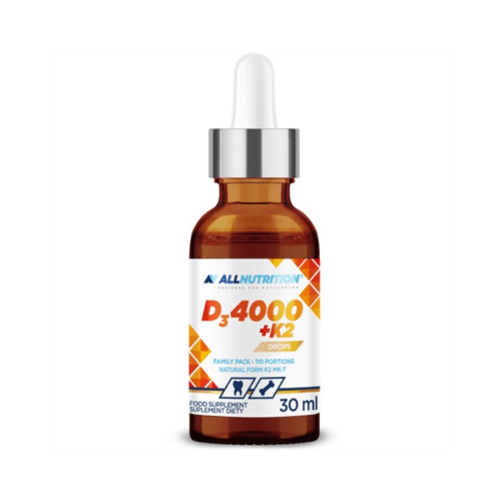 Vitamina D3 4000 + K2 Drops, ALLNUTRITION, 30ml, lichid cu ulei de măsline, pentru sistemul imunitar și sănătatea oaselor