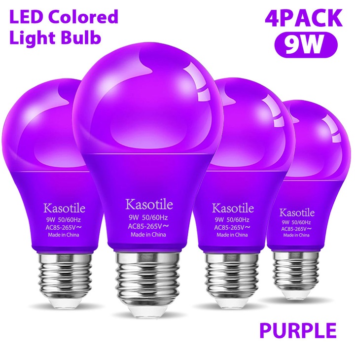 Set de 4 becuri LED colorate A19 violet, becuri LED de 9 W (echivalentul a 60 W), becuri decorative violet cu soclu E26, iluminat de Craciun, ghirlande luminoase pentru petreceri de aniversare