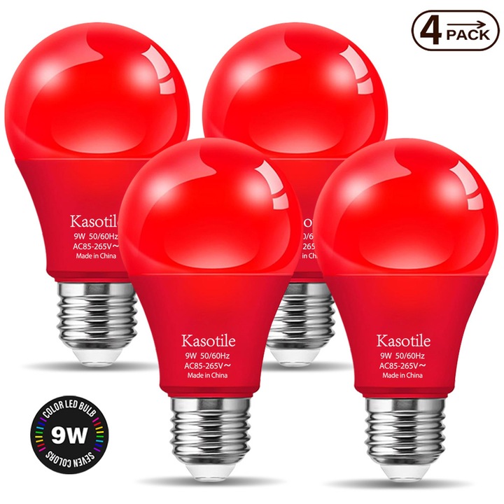 Set de patru becuri LED rosii A19, 9W (echivalentul a 60W), becuri decorative cu soclu E26, iluminat de Craciun, ghirlande luminoase pentru petreceri de aniversare