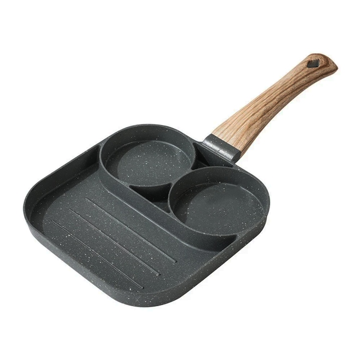 Tigaie antiaderenta cu 3 compartimente NEXTLY, pentru mic dejun, aluminiu, maner lemn detasabil, 17x17x2cm, gri