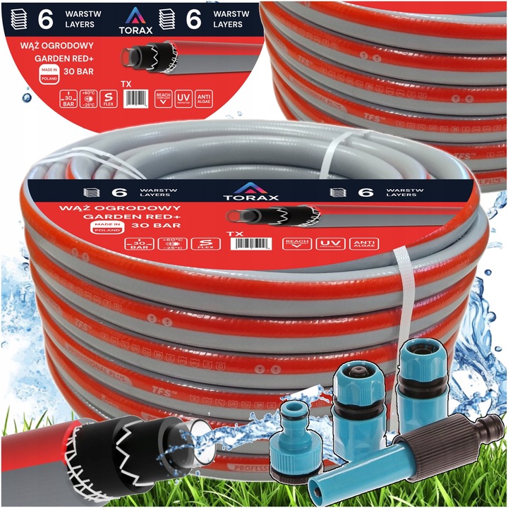 Градински маркуч 6-слоен TORAX, 3/4'', 20м, UV устойчив, комплект от 4 части за поливане