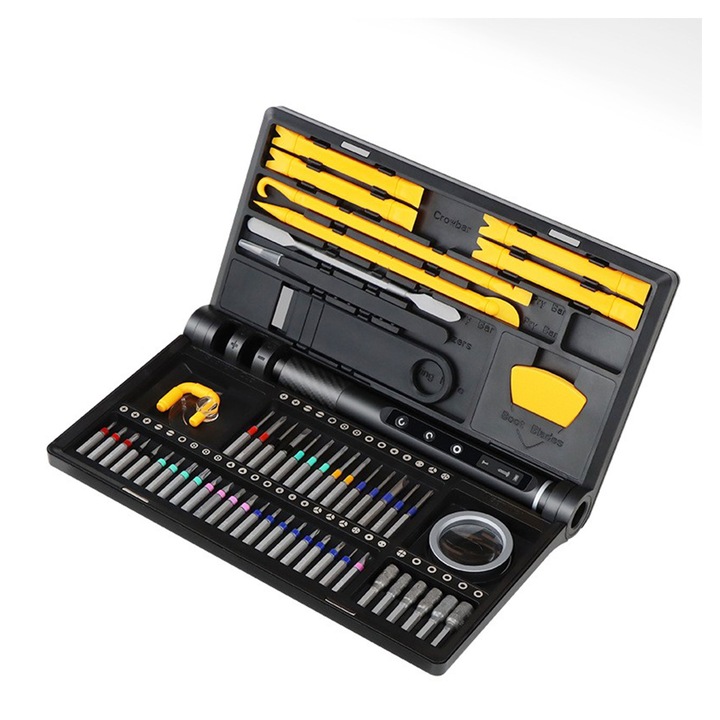 Surubelnita electrica profesionala, Flippy, multifunctionala, reancarcabila USB, cu luminare LED, set 71 in 1, 21.4x12.4cm, negru