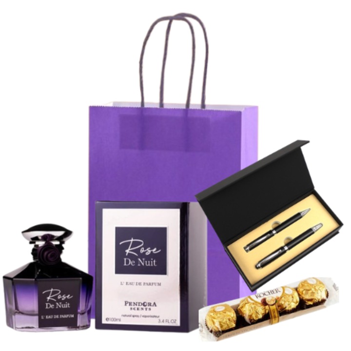 Set cadou femei, parfum Rose De Nuit 100 ml, bomboane Ferrero Rocher 50 g, pix și stilou metalic, negru