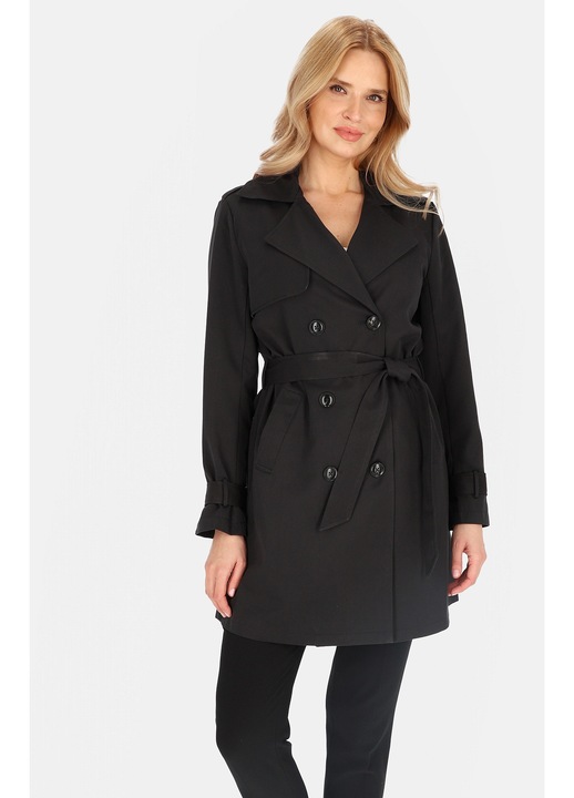Palton dama Perso, trenci dublu, curea, negru, poliester