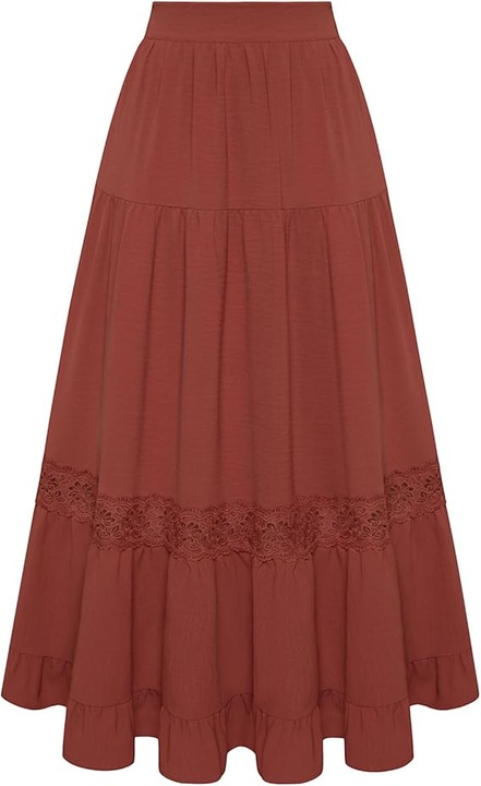 Fustă Midi Belle Poque A-line, Volane, Dantelă, Roșu Închis, S