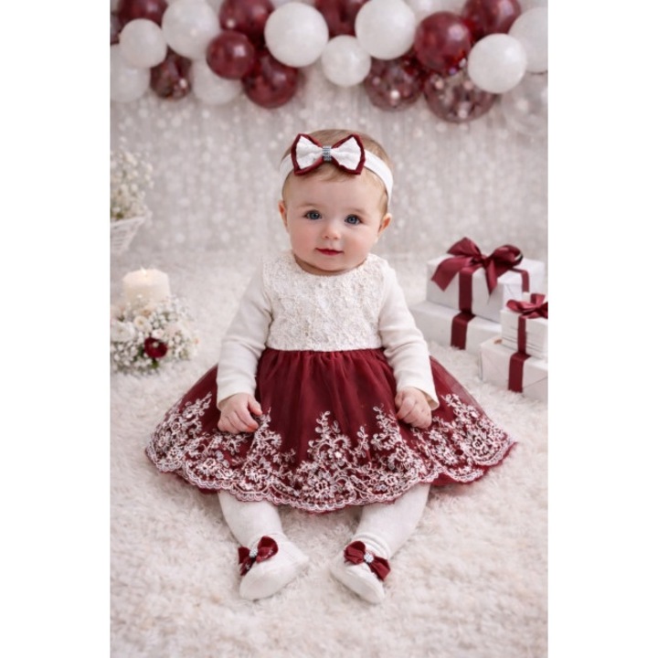 Set botez 5 piese fetita elegant rochie dantela visiniu body bentita pantofiori, 0-3 luni, Multicolor