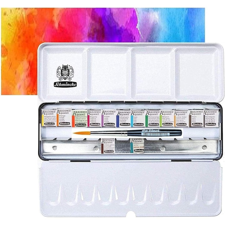 Set Metalic Acuarele Schmincke Akademie 14 culori 1/2 cu Pensula Sintetica, Multicolor