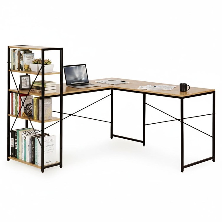 Birou coltar cu raft, ModernHome, 4 polite, MDF, metal, 145x145x119,5cm, culoare stejar deschis