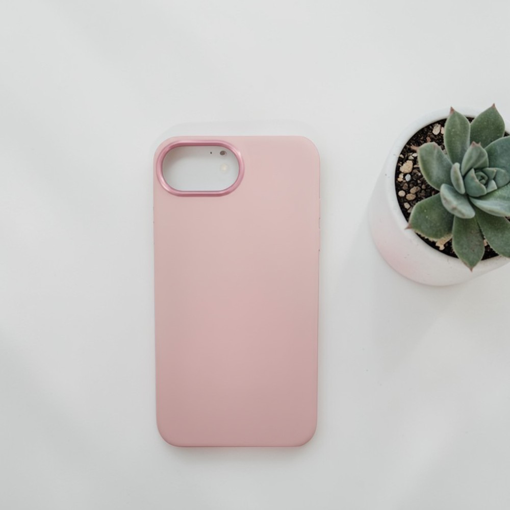 Husa Silicon, G-Tech Frame, Compatibil cu Apple iPhone 16e, Decupaj mare camera, slim, accente metalizate, Roz Pudra