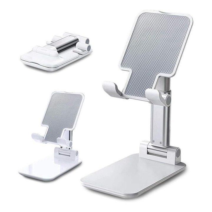 Suport telefon si tableta reglabil pliabil anti alunecare alb, 1 bucata