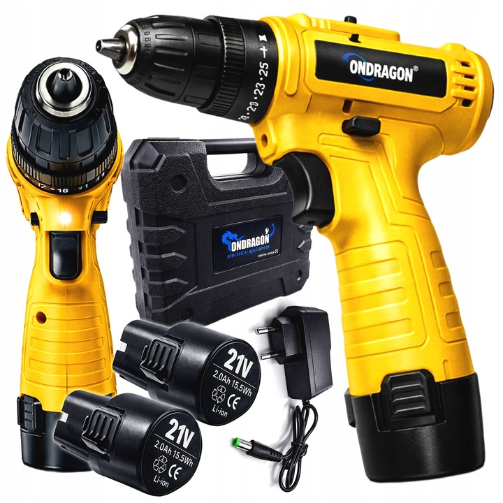 Wiertarko-vkretarka Ondragon 21V, set cu 2 acumulatori, valiza, LED