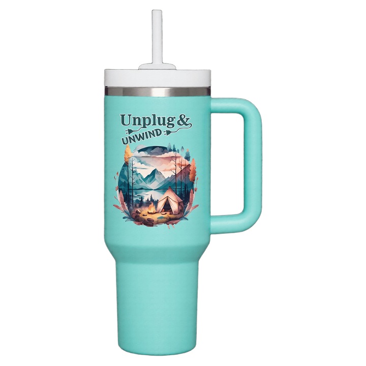 Termos inox 1300 ml, cu maner, capac rotativ etans si pai reutilizabil, culoare verde menta, personalizat „Unplug & Unwind”