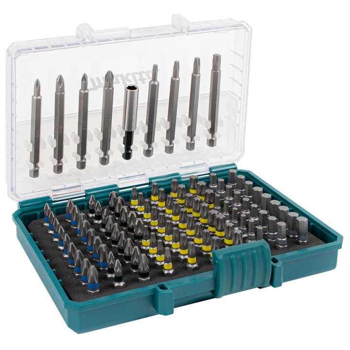 Set de 99 piese de biti 1/4" Makita P-81050, inclusiv biti Philips, Pozidriv, Torx, HEX, cutie de plastic