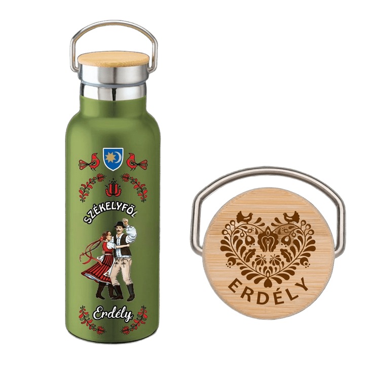 Termos 500 ml din otel inoxidabil cu capac din bambus si toarta, perete dublu, Verde, "Erdely" personalizat "Szekelyfold"