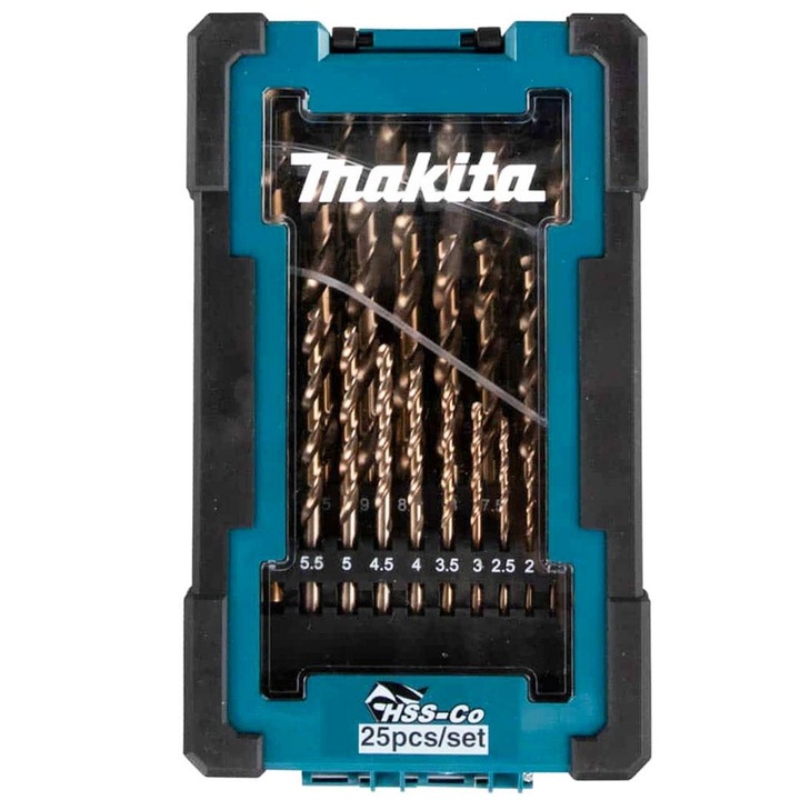 Set 25 burghie HSS-CO 1-13mm Makita, din otel M35 cu 5% cobalt, in caseta semi-gomata