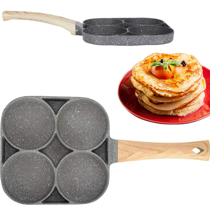 Незалепващ тиган с 4 отделения Zola, алуминий и стомана, 17.5 × 17.5 x 2 см, съвместим с газови, индукционни, керамични, халогенни и електрически котлони