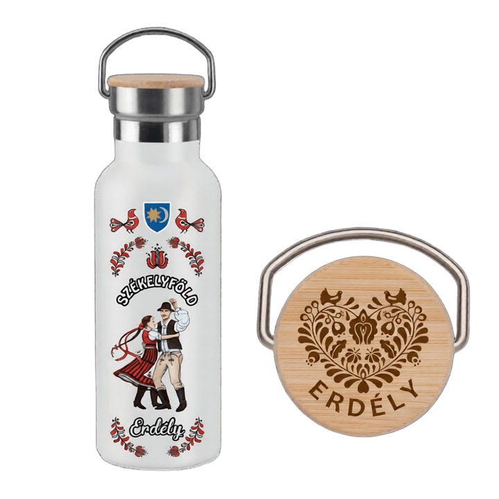 Termos 500 ml din otel inoxidabil cu capac din bambus si toarta, perete dublu, Alb, "Erdely" personalizat "Szekelyfold"