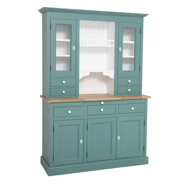 Bufet cu 3 usi, 3 sertare BAS + 2 usi sticla, 4 sertare, spatiu deschis SUP, blat stejar, Mint Turquoise/White/Golden Brown, 100% lemn masiv, 138x197x50 cm