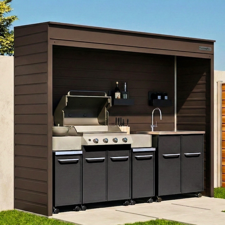 Къща градина ParkingBox® BarbequeBOX Premium, външна кухня за тераса/двор, газов грил Tenneker TG4-U, 5 горелки, мивка, 2 ролбокса, електрическа ролетна врата с дистанционно управление, контакти, LED прожектори, 240x226x80 см, Алуминий, Кафяв