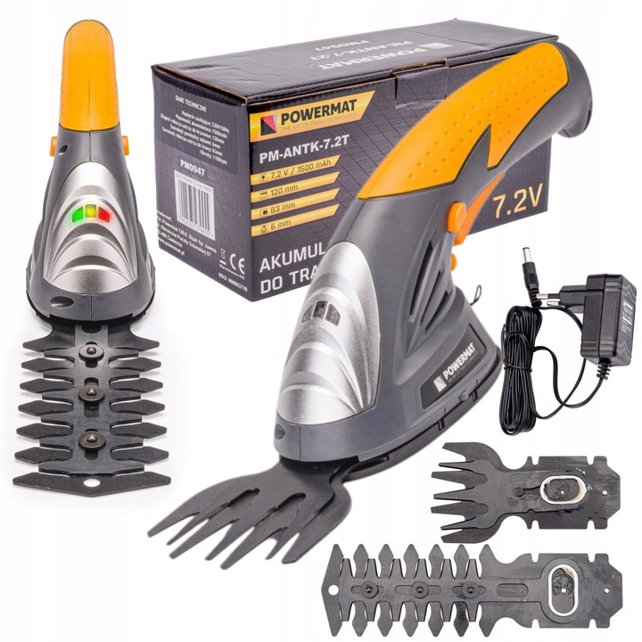 Foarfeca electrica pentru iarba si arbusti PowerMat PM-ANTK-7.2T, acumulator 7.2V, 1500mAh, 83mm x 120mm, set cu 2 lame