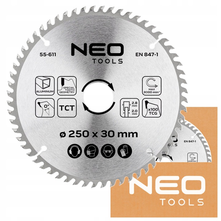 Tarca de pila, 250x30mm, 100 dinti, pentru aluminiu, 3 inele de reductie