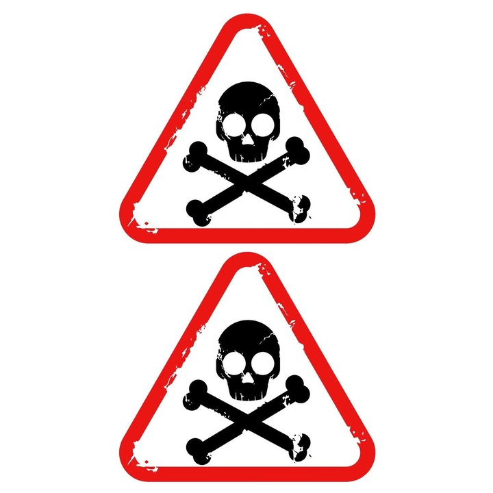 Set 2 autocolante pericol 14x12cm, semn avertizare craniu, roșu, hartie lucioasă