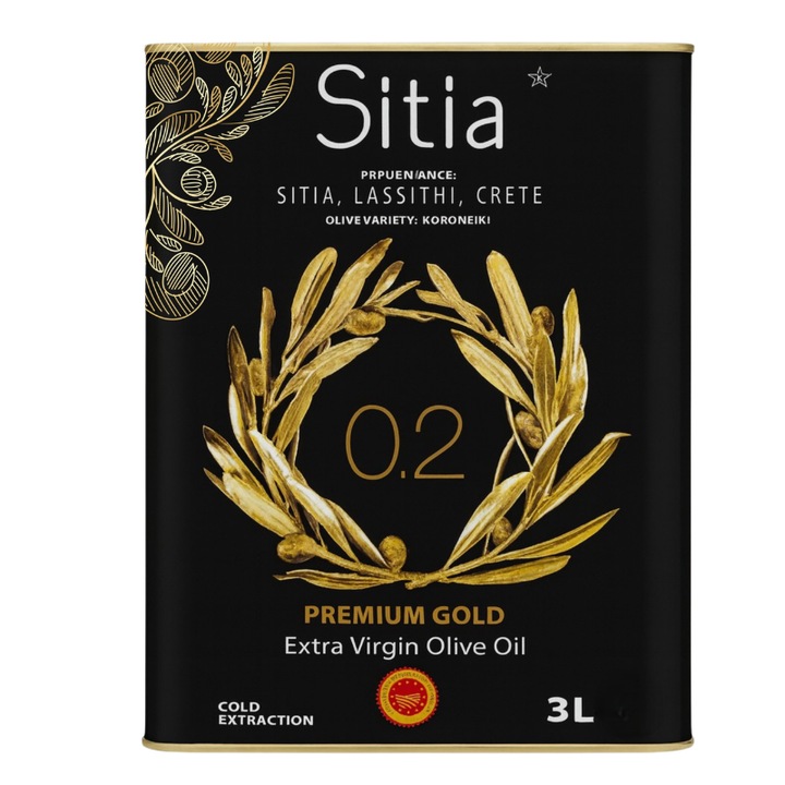 Ulei de masline Extra Virgin grecesc SITIA Premium Gold 3L, aciditate 0, 2%, P.D.O. Creta, presat la rece, gust fructat natural, ambalat in cutie metalica 3000 ml, ulei premium pentru dieta mediteraneana, gatit, salate si utilizare zilnica