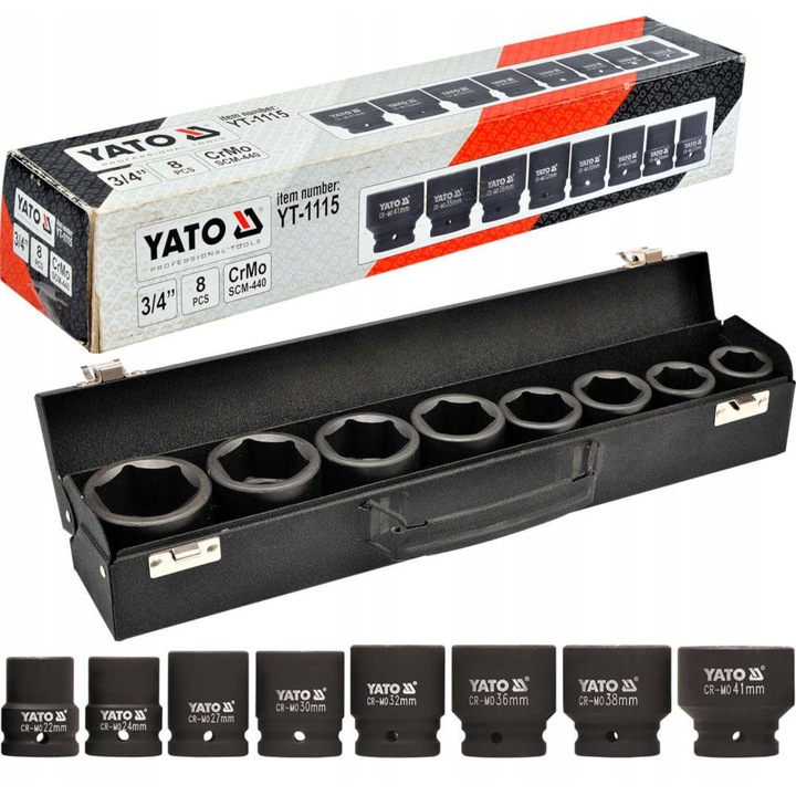 Set chei tubulare cu impact 3/4'', YATO, 8 piese, CrMo SCM-440, fosfatate