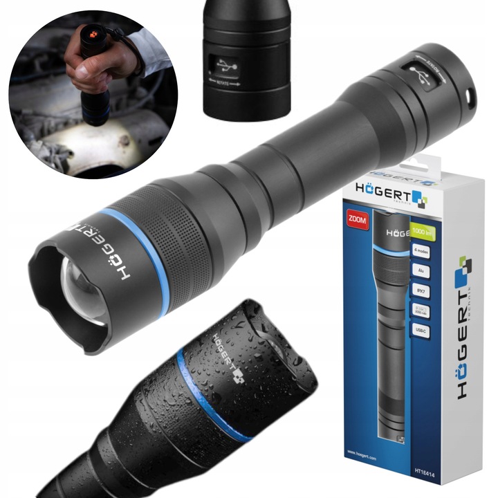 Lanterna LED 1000 LM, IPX7, 4 moduri, acumulator 2000 mAh, incarcare USB-C