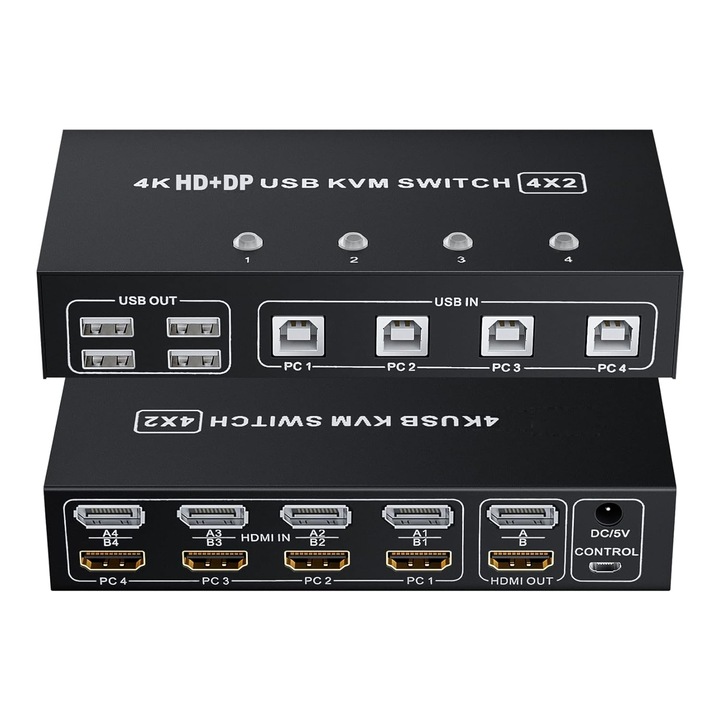 BolAAzuL KVM kapcsoló kettős monitorhoz, 4 portos HDMI+DP 4K@60Hz, USB hub, 2 monitor