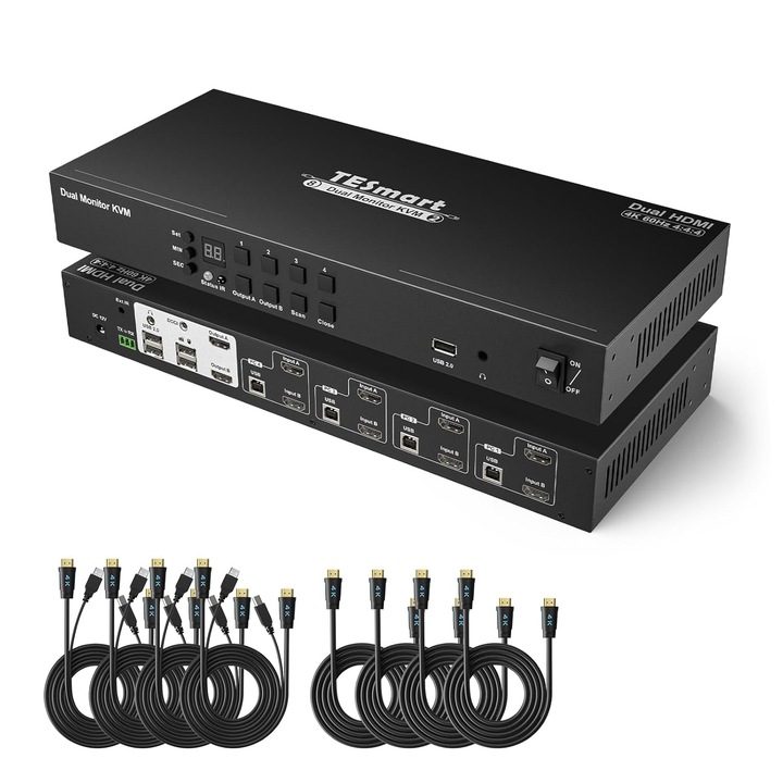 Tesmart KVM kapcsoló 4 PC-hez, 2 monitorhoz, 4K 60Hz, HDMI, EDID emulátorral, kompakt kialakítás