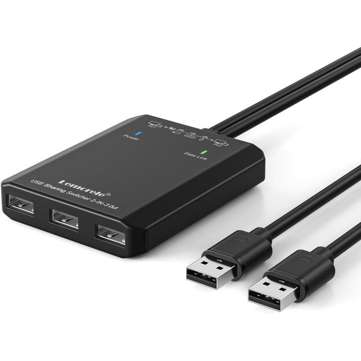 Lemorele USB KVM kapcsoló 2 PC-hez, 3 portos, plug-and-play, széleskörű kompatibilitás