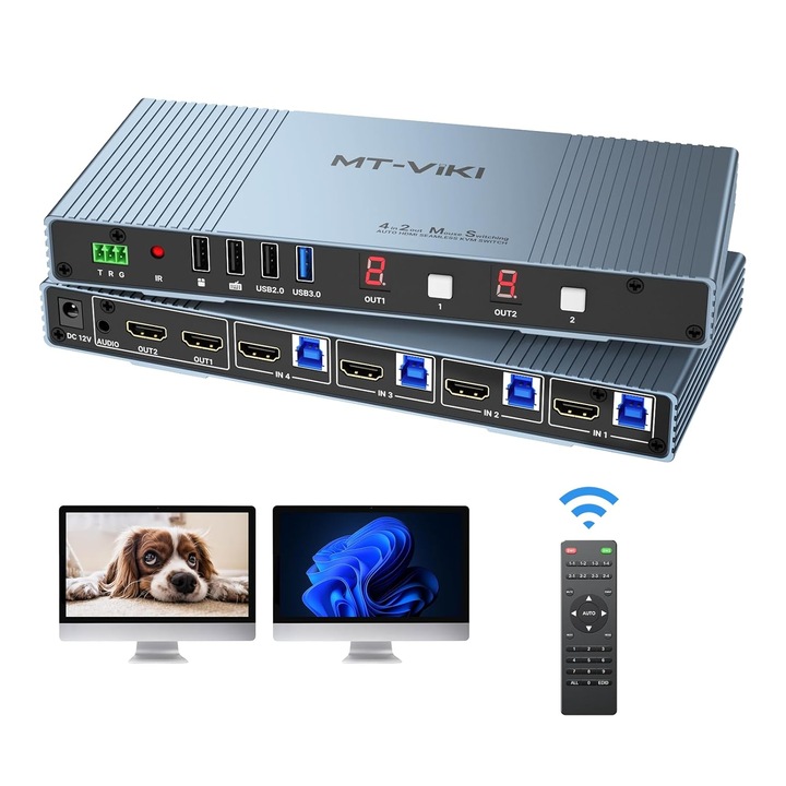 MT-VIKI HDMI KVM Mátrix Kapcsoló 4x2, 4 bemenet, 2 kimenet, 4K@30Hz, 4 USB port, távirányítóval