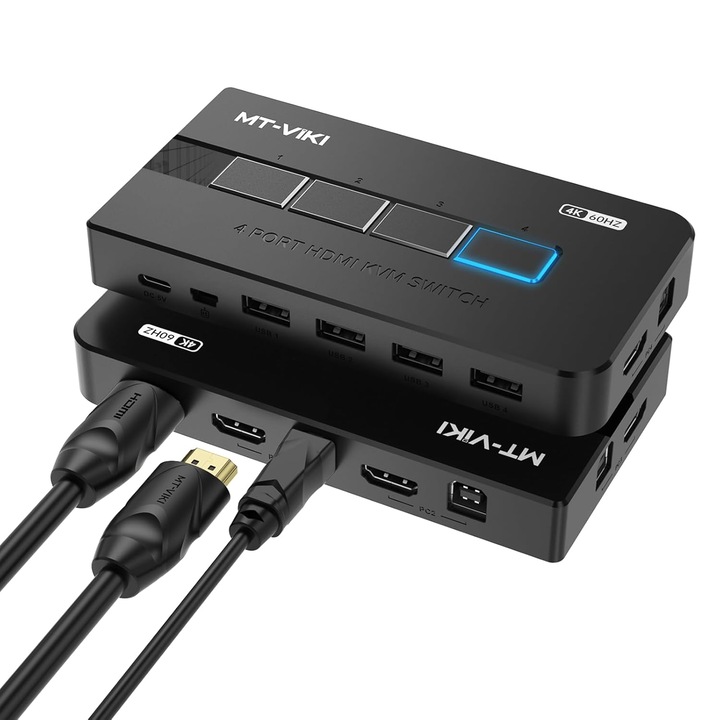 KVM HDMI kapcsoló 4 portos 4K@60Hz, 1 monitor, 4 USB 2.0