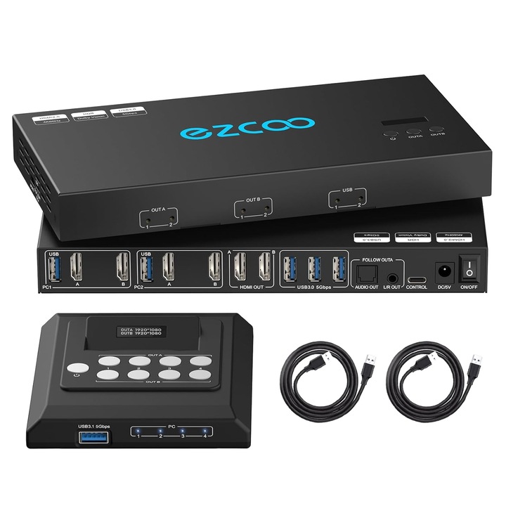 ROFAVEZCO KVM kapcsoló Dual Monitor 4K@60Hz, 4 USB 3.0 port, HDMI, 2 PC-hez