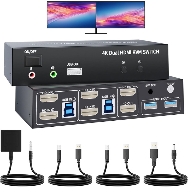 BolAAzuL KVM HDMI Dual Monitor kapcsoló 4K@60Hz, 2 HDMI port, 2 USB 3.0 port