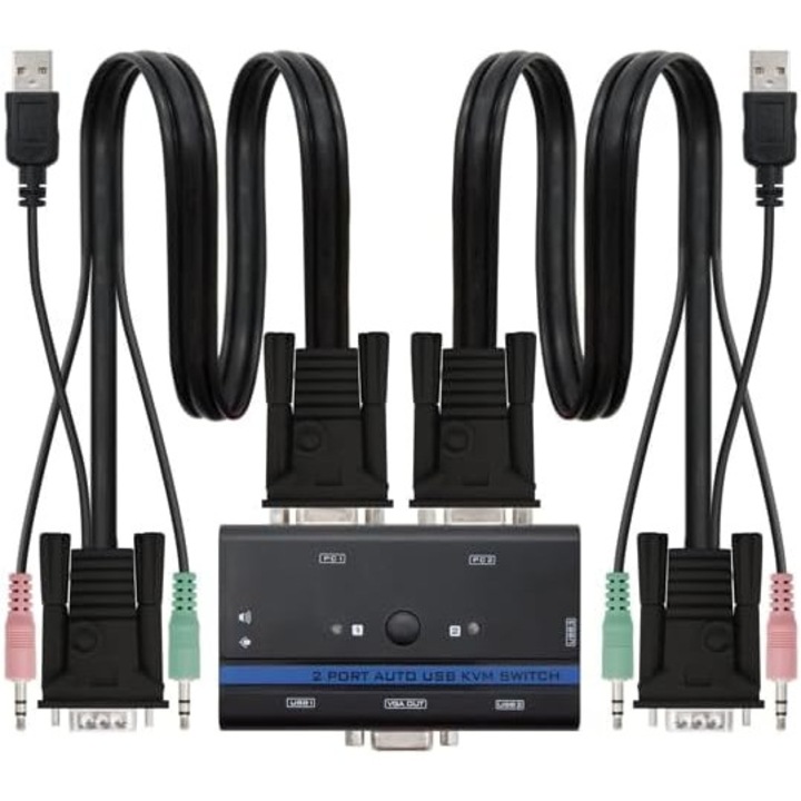 KVM kapcsoló 2 PC-hez, Watio Wave, 2 VGA, USB, monitor, billentyűzet