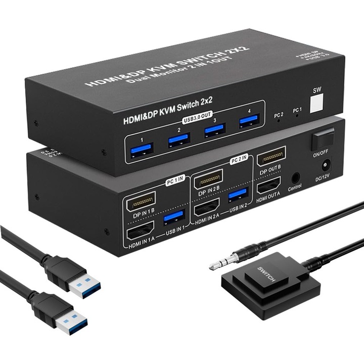 BolAAzuL KVM Dual Monitor Kapcsoló 4K 60Hz, USB 3.0, 2 PC, kábelekkel