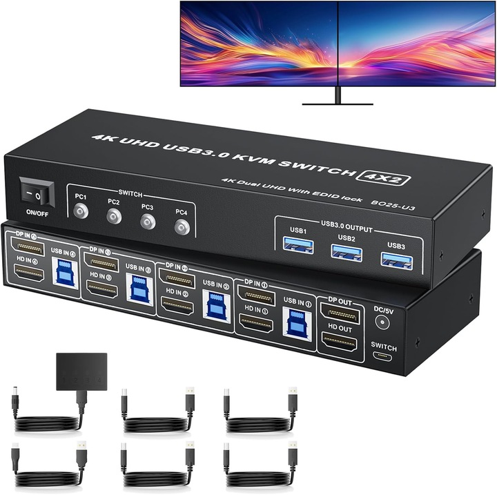 BolAAzuL 4x2 KVM switch, 2 monitorhoz, 4K@60Hz felbontás, USB 3.0 hub, kompakt méret