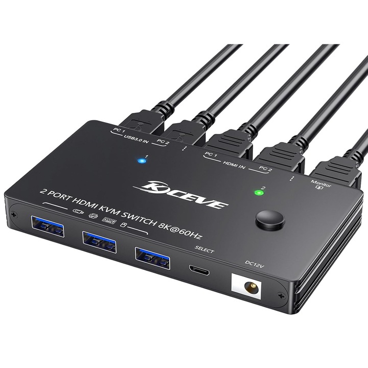 KVM kapcsoló 2 PC-hez 1 monitorhoz YOUTINGHDAV 8K@60Hz HDMI 2.1 3 USB 3.0
