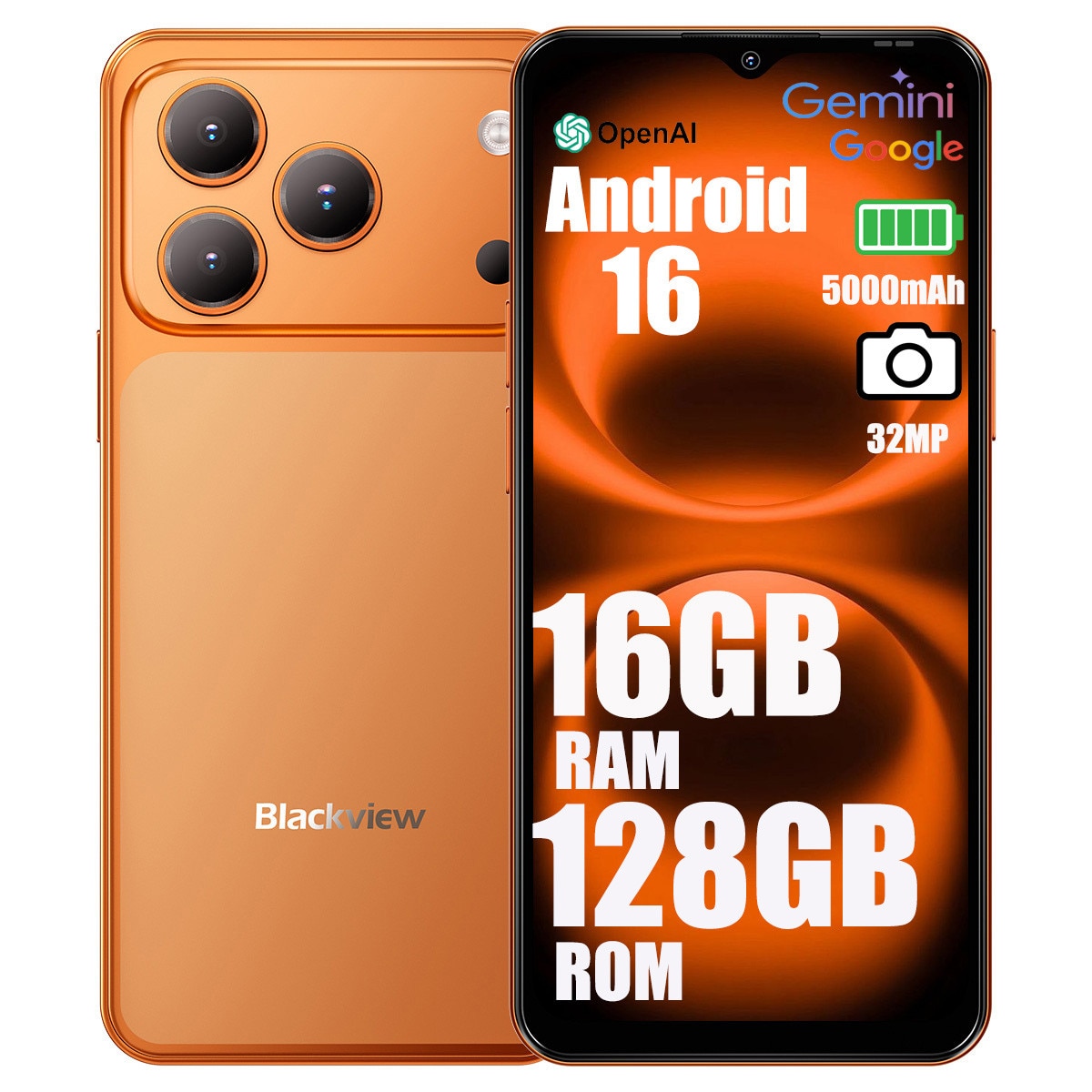 Telefon mobil Blackview Wave 7C, Android 16, 16GB+128GB（2TB TF),6.56"HD+ IPS, 32MP+13MP, Unisoc Tiger T310,5000mAh/IP54/WiFi 5G/Face ID/2 SIM, portocale