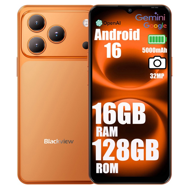 Telefon mobil Blackview Wave 7C, Android 16, 16GB+128GB（2TB TF),6.56"HD+ IPS, 32MP+13MP, Unisoc Tiger T310,5000mAh/IP54/WiFi 5G/Face ID/2 SIM, portocale