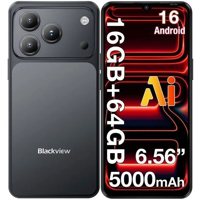 Telefon mobil Blackview Wave 7C, Android 16,16GB+64GB(2TB TF),6.56"HD+ IPS, 32MP+13MP, Unisoc Tiger T310,5000mAh/IP54/WiFi 5G/Face ID/2 SIM, negru