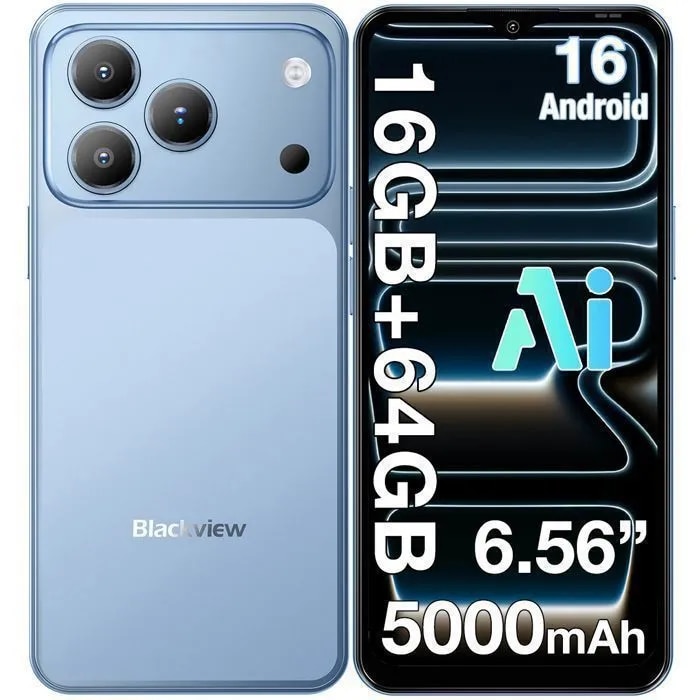 Telefon mobil Blackview Wave 7C, Android 16, 16GB+64GB(2TB TF), 6.56"HD+ IPS,32MP+13MP, Unisoc Tiger T310,5000mAh/IP54/WiFi 5G/Face ID/2 SIM, Albastru