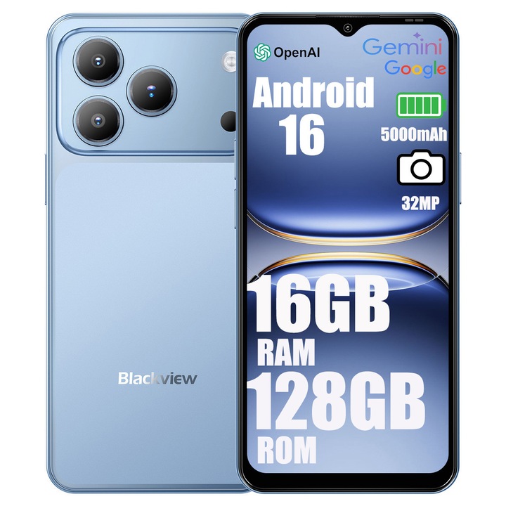 Telefon mobil Blackview Wave 7C, Android 16, 16GB+128GB（2TB TF),6.56"HD+ IPS, 32MP+13MP, Unisoc Tiger T310,5000mAh/IP54/WiFi 5G/Face ID/2 SIM, Albastru