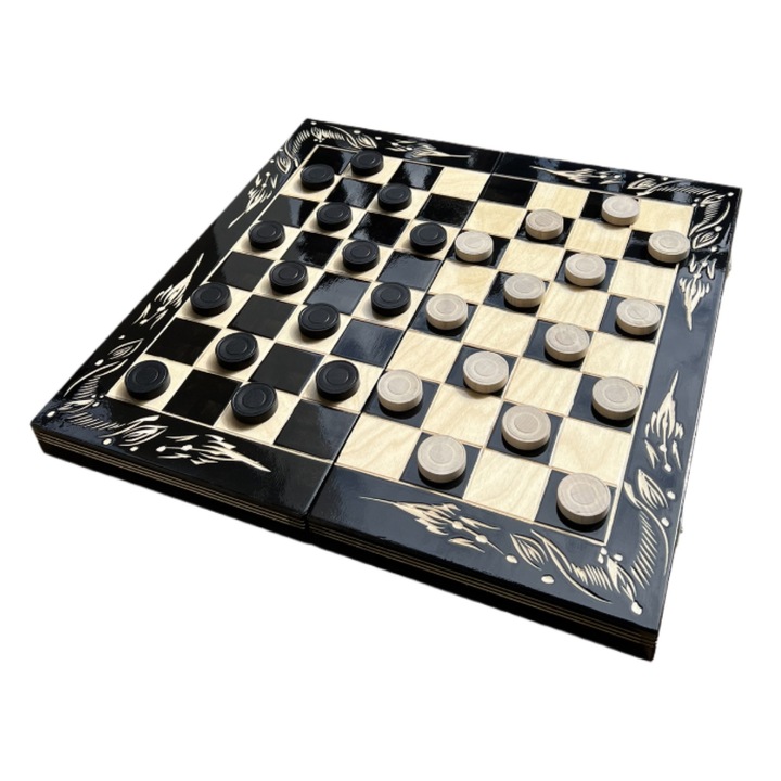 Set Table si Dame din lemn lucrat manual, 44x44 cm, negru cu alb
