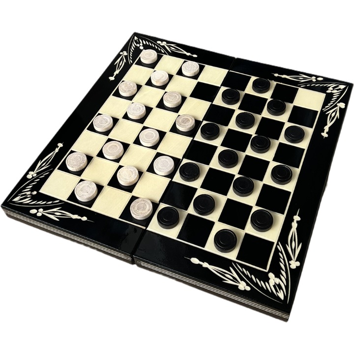 Set Table si Dame din lemn lucrat manual, 38x38 cm, negru cu alb