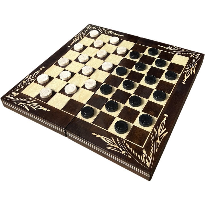 Set Table si Dame din lemn lucrat manual, 44x44 cm, maro cu alb